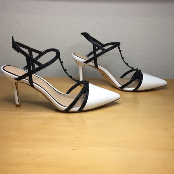 WHBM Gianna Studded B&W Black & White Pump Strappy Sandals Heels, Sz 8.5, NWT - Picture 2 of 12
